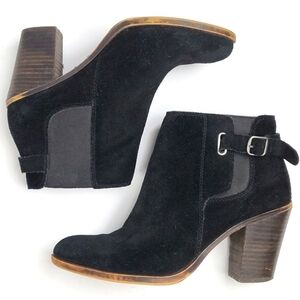 Lucky Brand Suede Leather Slip-on Block Heel Buckle Detail Ankle Bootie …